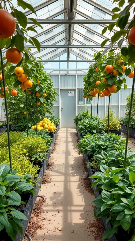 A greenhouse filled with orange trees and various plants, showcasing a vibrant garden environment.