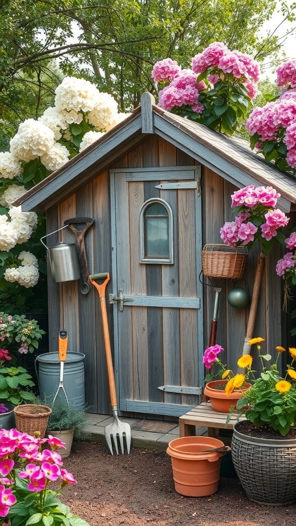 A wooden garden shed surrounded by colorful flowers and gardening tools.