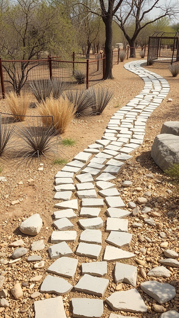 A winding stone pathway in a dry garden, surrounded by sparse vegetation and rocks.