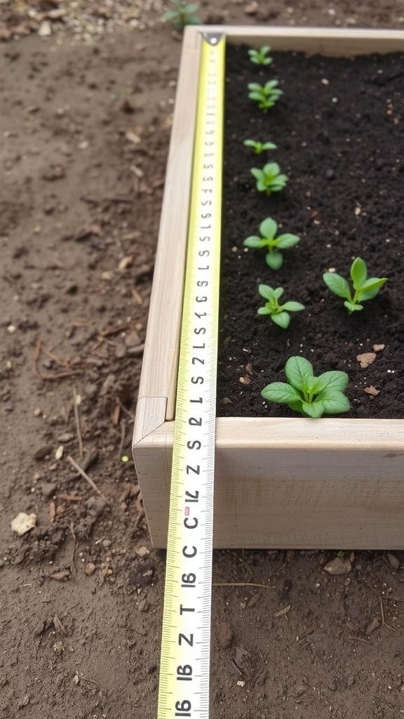 A measuring tape next to a raised bed garden with small plants growing in soil.