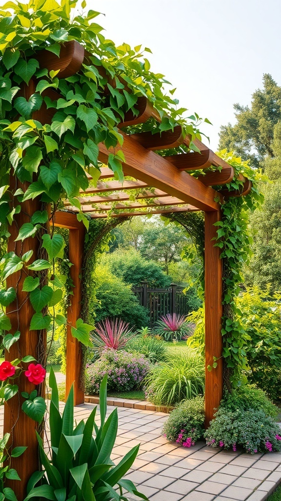 A wooden pergola covered in green vines, surrounded by colorful flowers and lush plants in a garden.