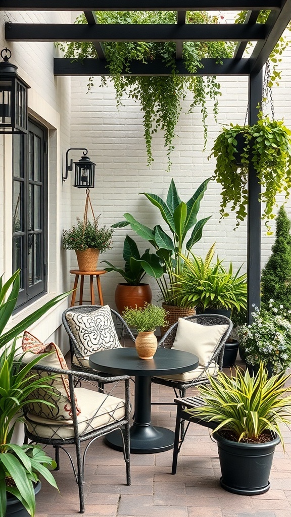 Cozy outdoor seating area with plants and a small table