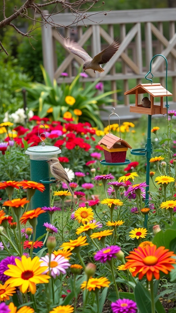 A colorful garden with flowers and bird feeders, attracting birds and butterflies.