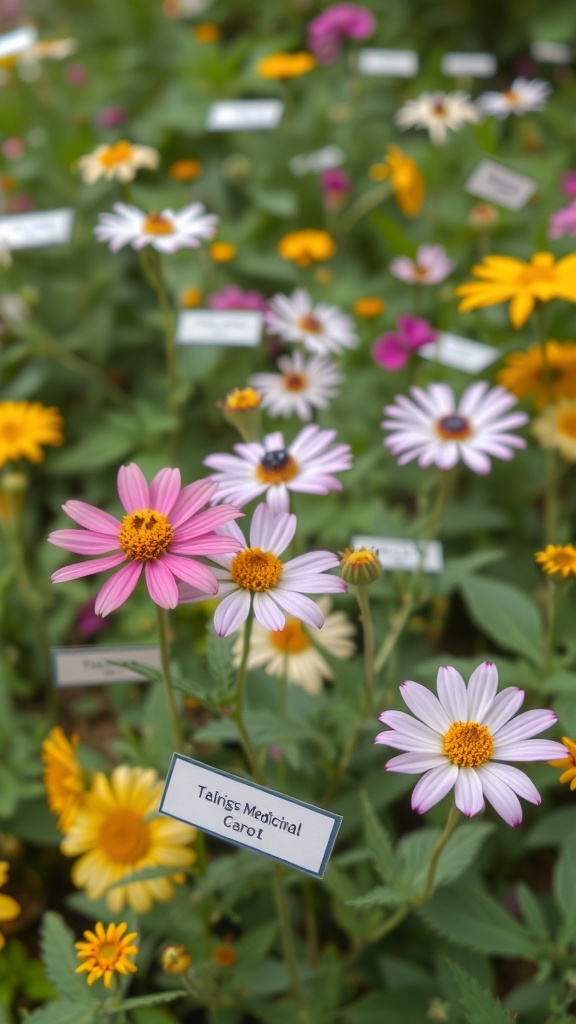 A colorful display of flowers with labels indicating their medicinal properties.