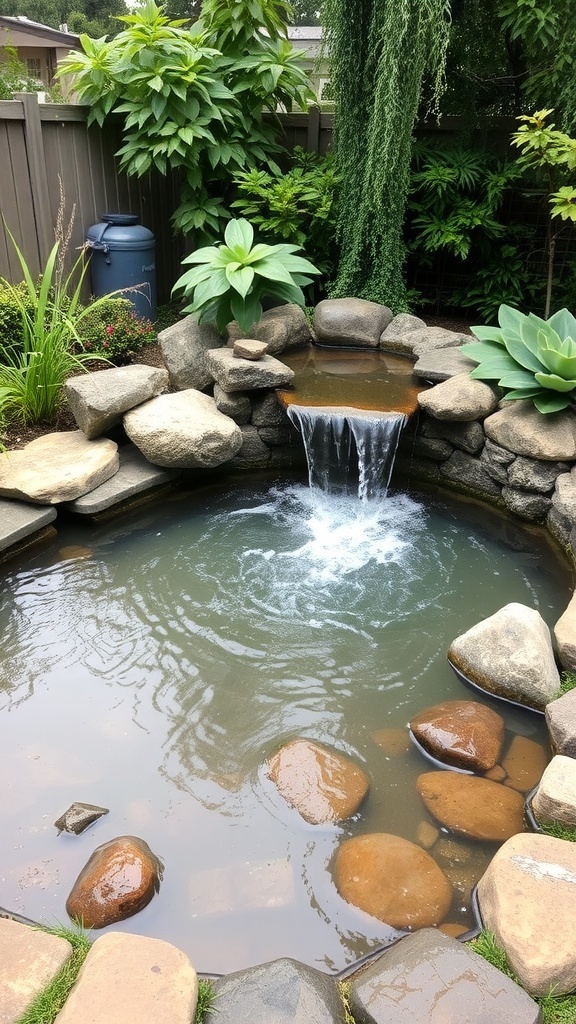 A serene backyard pond with a waterfall surrounded by rocks and lush greenery.
