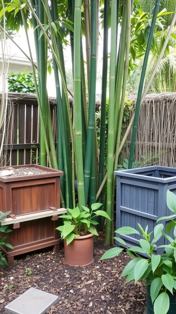 A bamboo garden featuring tall bamboo stalks and green plants in the foreground.