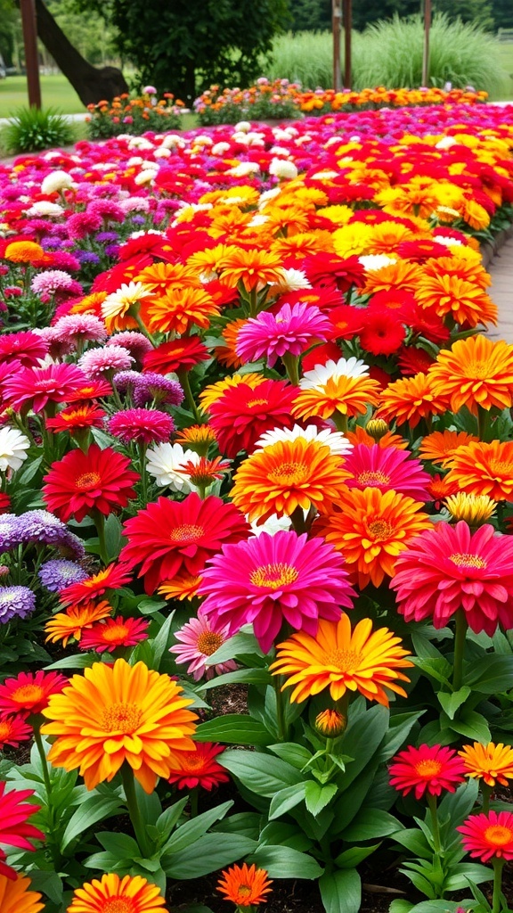A vibrant garden filled with colorful flower beds showcasing a variety of flowers in red, yellow, pink, and white.