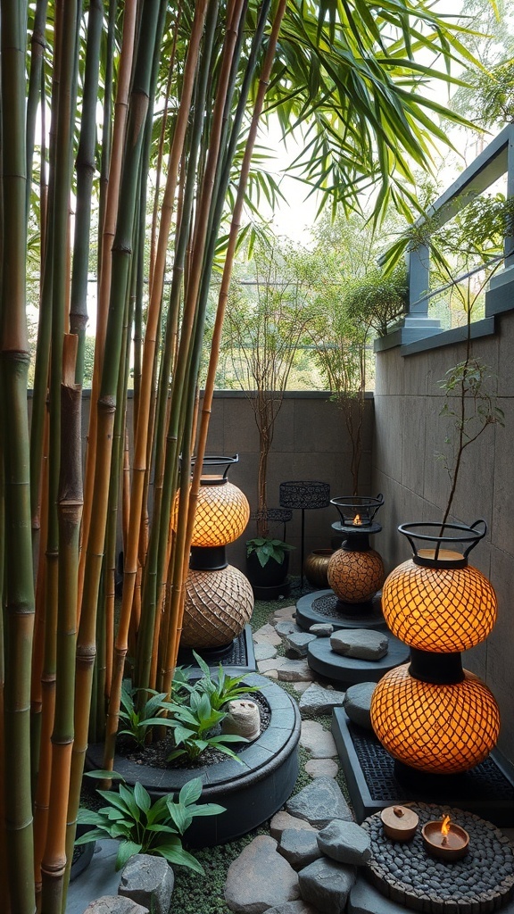 A bamboo garden featuring tall bamboo stalks, a serene statue, and decorative pots.