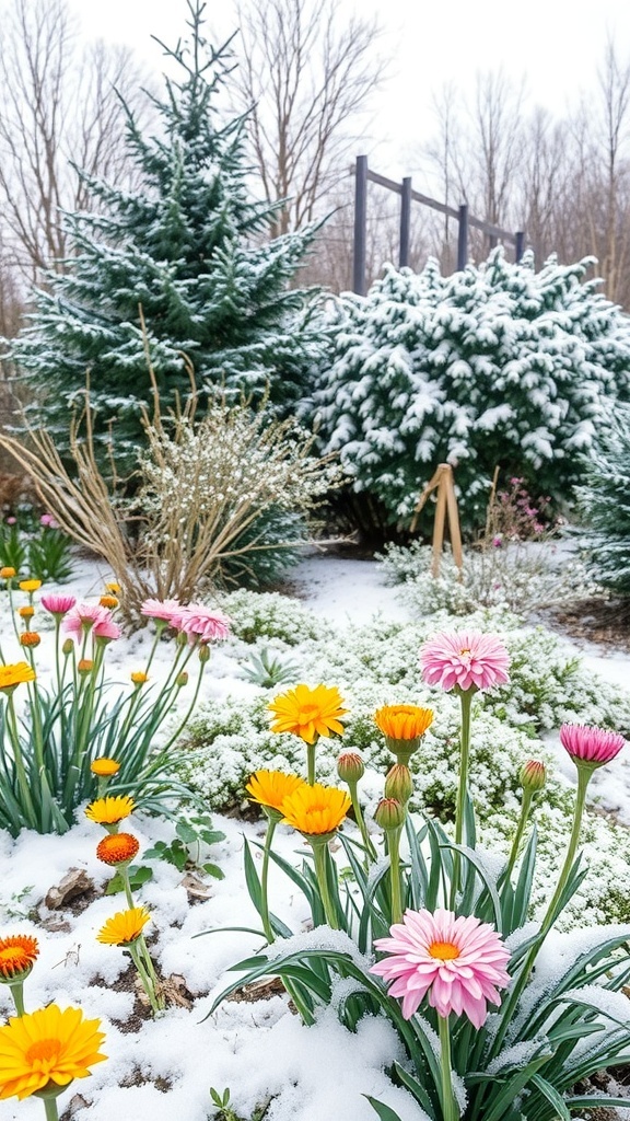 A winter garden with colorful flowers blooming amidst snow-covered ground and evergreen trees.