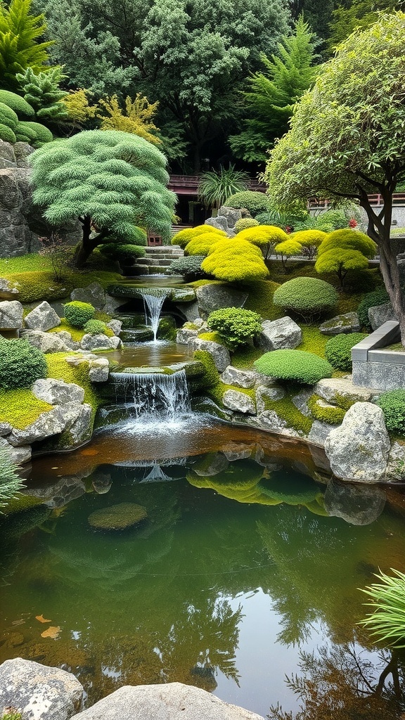 A serene Japanese garden featuring cascading waterfalls and a tranquil pond surrounded by lush greenery.
