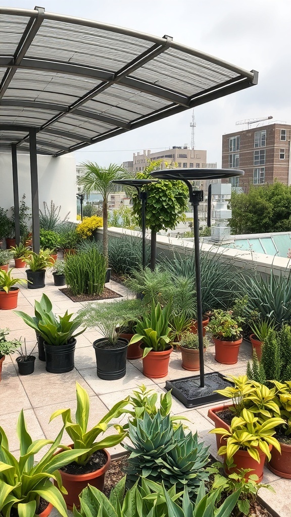 A rooftop garden with various potted plants and a protective canopy.