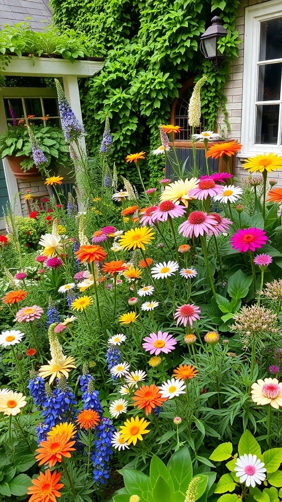 A colorful cottage garden filled with various flowers including daisies and delphiniums.