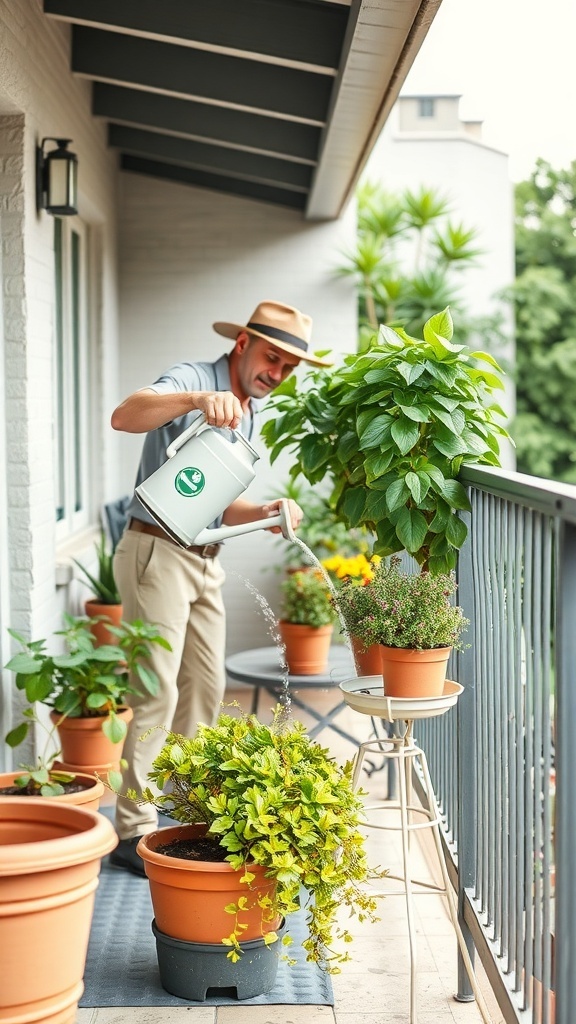 A person watering plants on an apartment balcony garden, showcasing various potted plants.