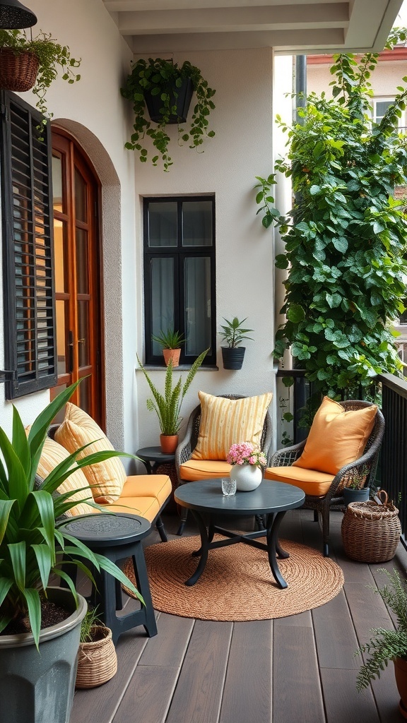 Cozy balcony seating with plants and decorative elements