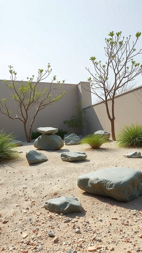 A serene Zen garden with rocks, sand, and sparse greenery.