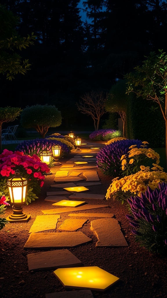 A beautifully illuminated garden pathway with flowers and lanterns.