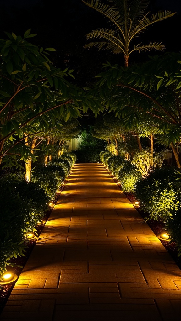 A beautifully illuminated garden pathway at night, lined with greenery and warm lights.