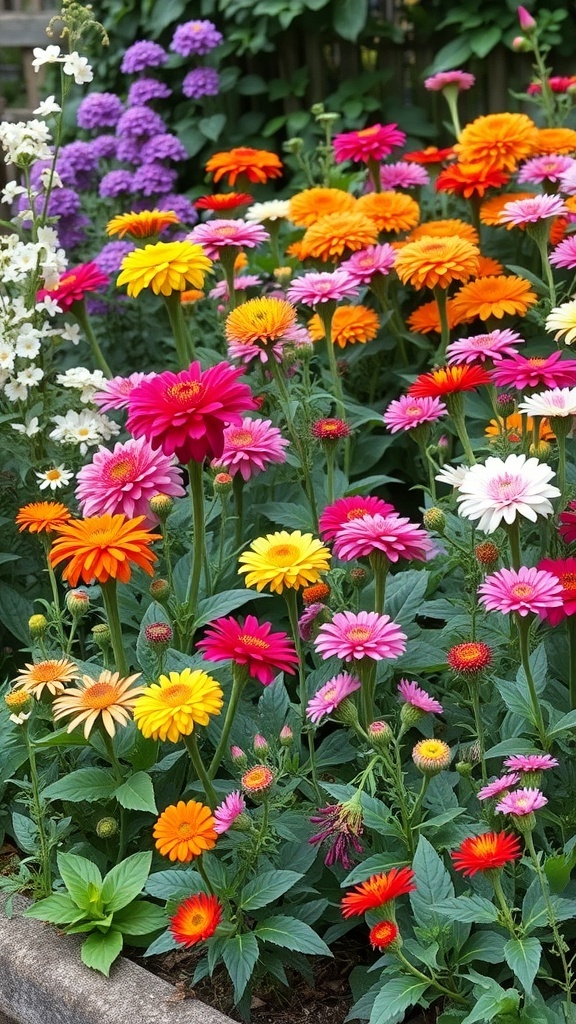 A vibrant display of colorful flowers in a cottage garden, featuring pink, orange, yellow, and purple blooms.