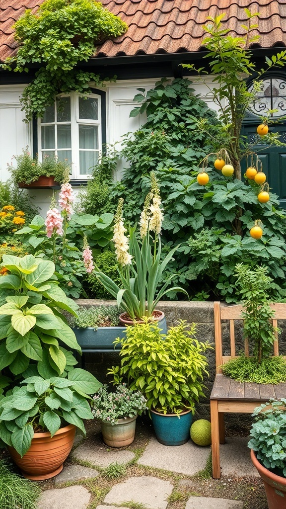 A vibrant cottage garden filled with various plants, including flowers and edible herbs, with a cozy wooden bench.