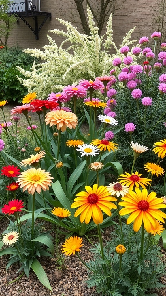 A colorful garden filled with various flowers including daisies and pink blooms.