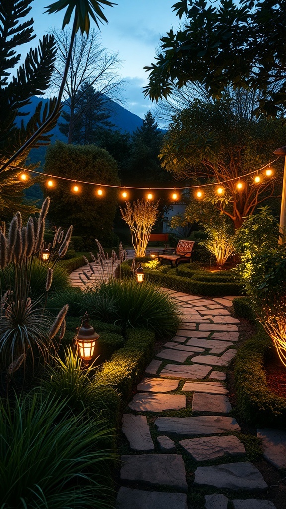 A beautifully illuminated garden pathway with string lights and lanterns, surrounded by lush greenery.