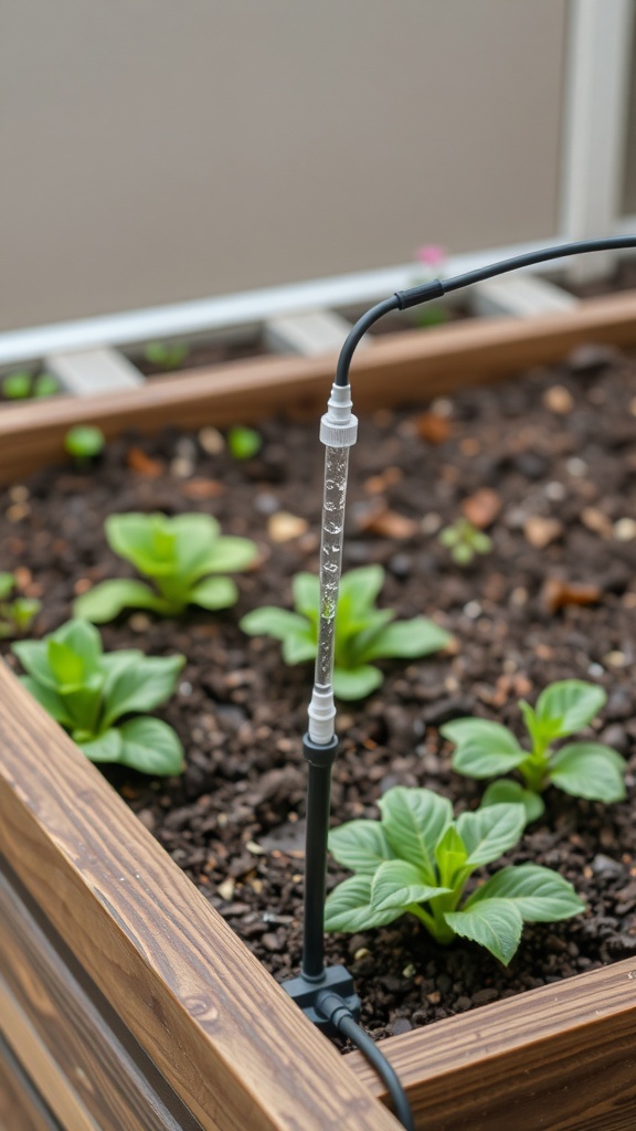 Irrigation system in a raised bed garden with clear tubing and healthy plants.