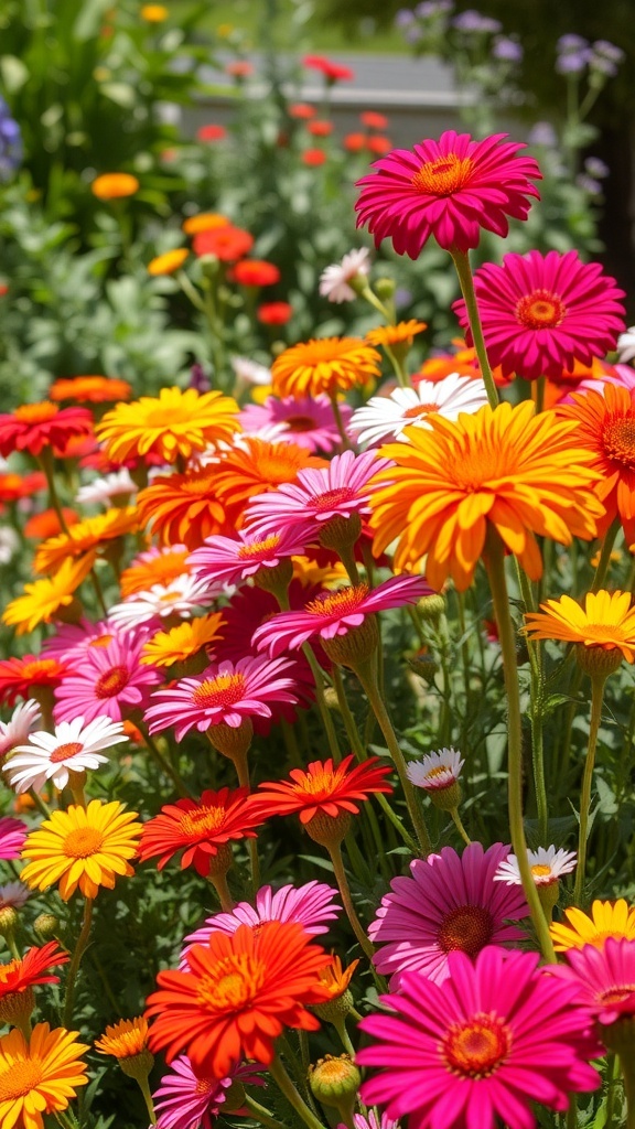 A colorful display of vibrant annual flowers in a garden, featuring pink, orange, and yellow blooms.