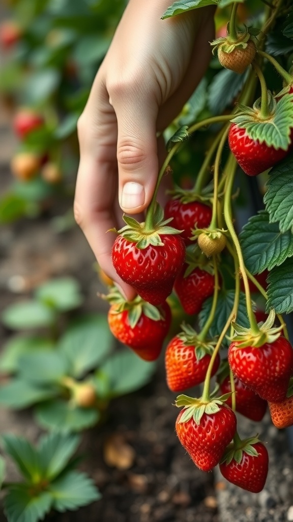 A hand picking ripe strawberries from a garden