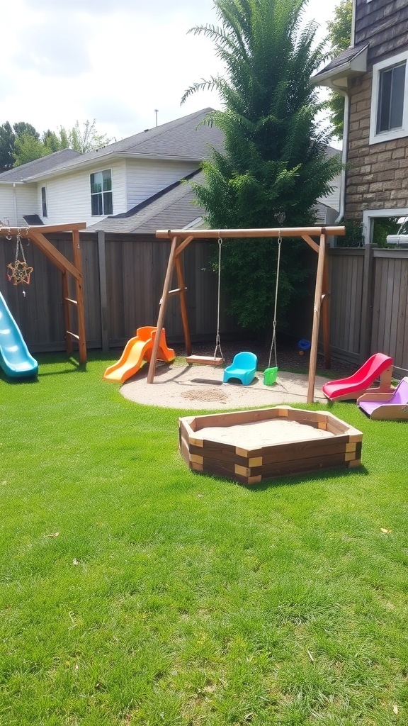 A backyard play area with swings, slides, and a sandbox on green grass.