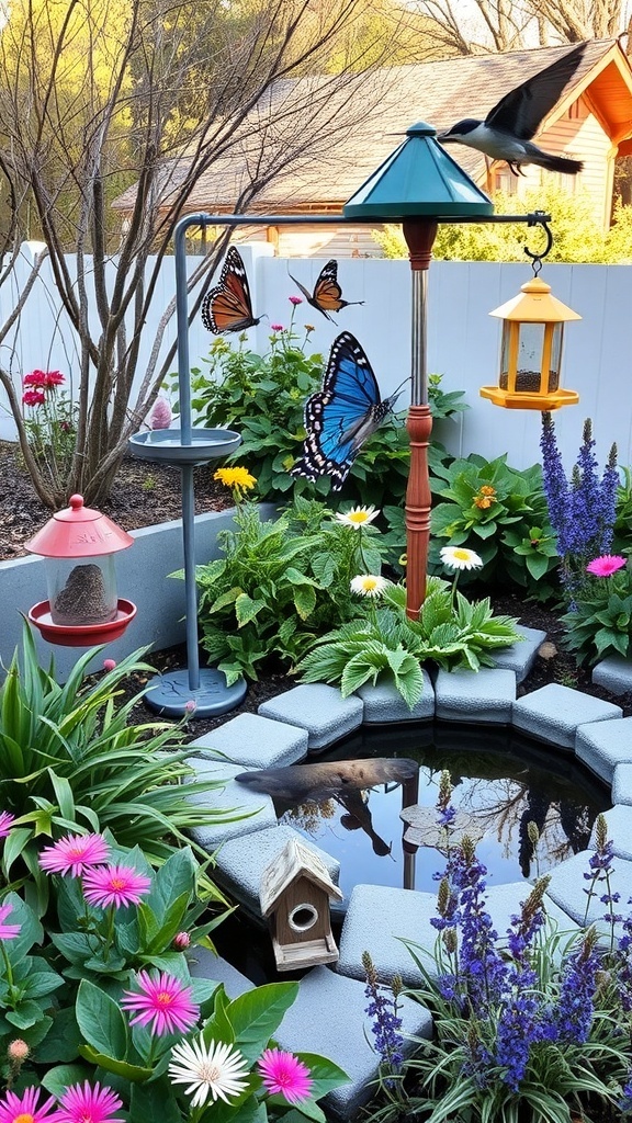 A vibrant garden with flowers, butterflies, and a small pond, showcasing a wildlife-friendly environment.