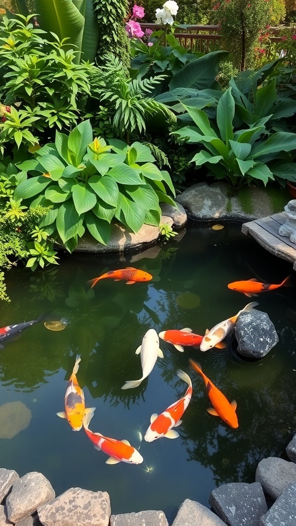 A serene garden pond with koi fish and lush greenery.