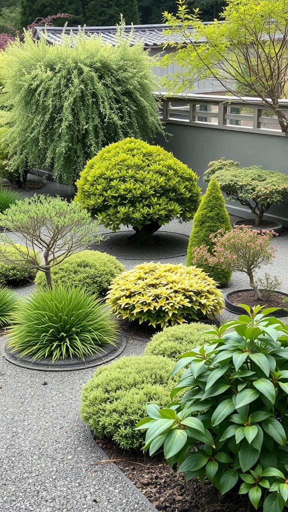A serene zen garden featuring various rounded green plants and shrubs, creating a tranquil atmosphere.