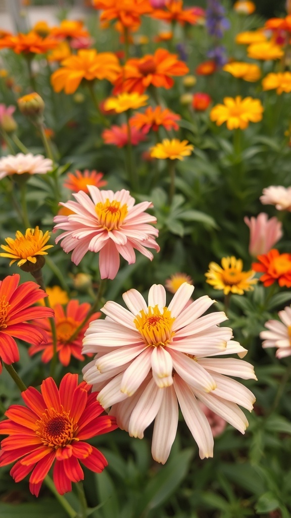 A colorful garden filled with flowers of various shapes and textures, including pink, red, orange, and yellow blooms.