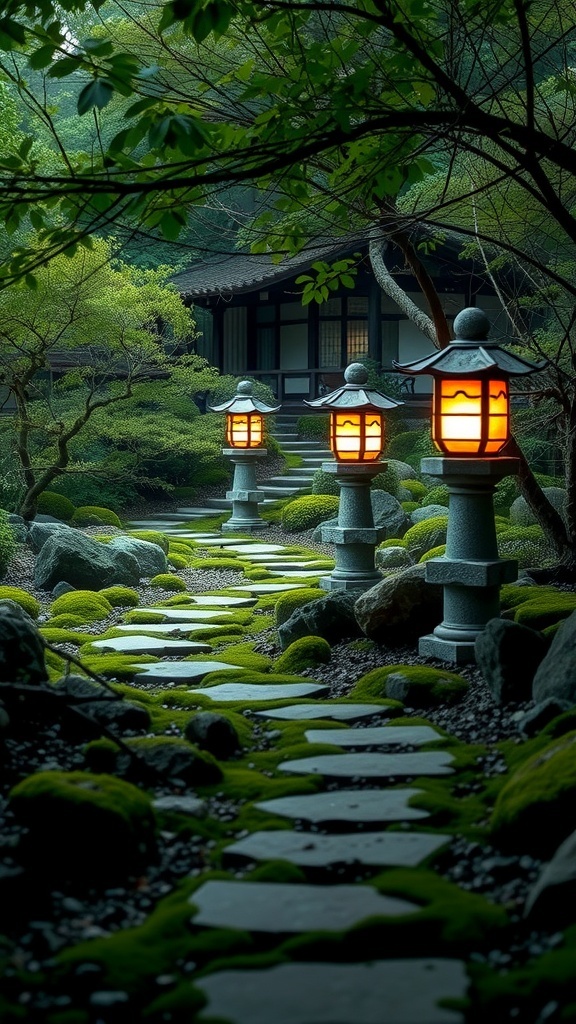 A serene Japanese garden featuring stone lanterns along a moss-covered pathway.