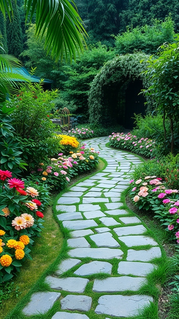 A winding stone pathway surrounded by colorful flowers and lush greenery in a garden.
