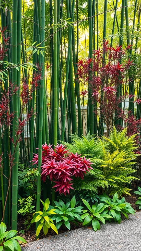 A vibrant bamboo garden showcasing tall green bamboo stalks surrounded by colorful plants in shades of red, yellow, and green.