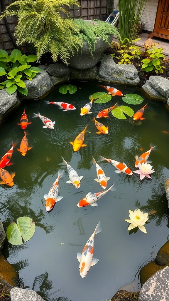 A compact koi pond with colorful koi fish, surrounded by greenery and rocks.