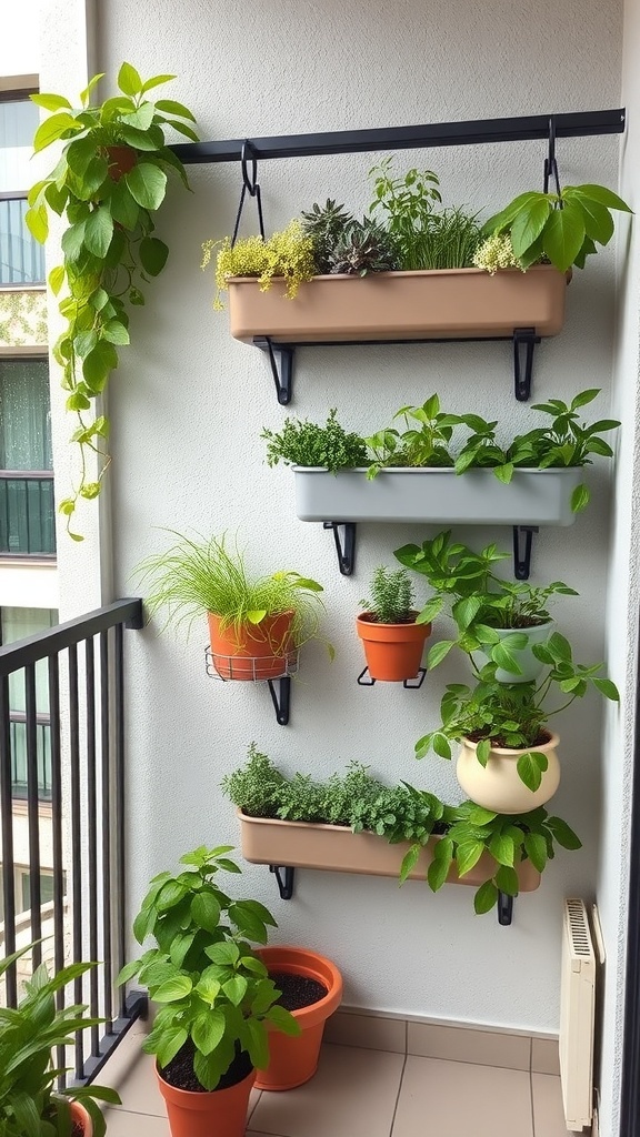 A vertical garden with various plants in wall-mounted planters on a balcony.
