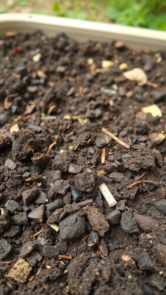 Close-up of dark, nutrient-rich soil in a raised bed garden.