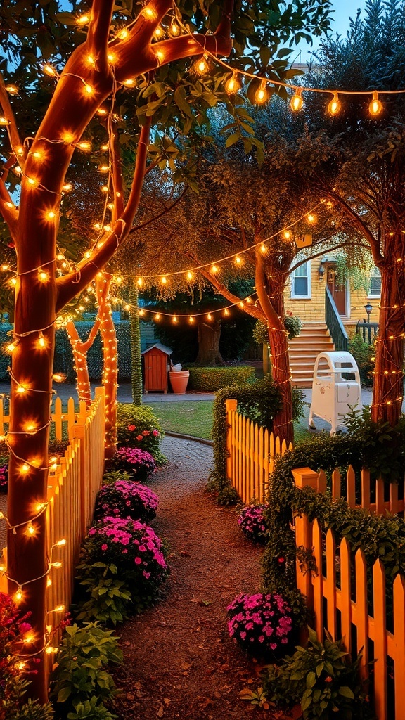 A garden path illuminated with string lights, surrounded by flowers and a white picket fence.