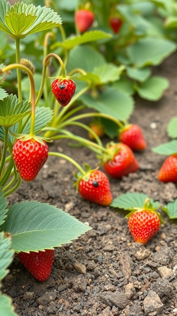 A close-up of ripe strawberries growing among green leaves in a garden.