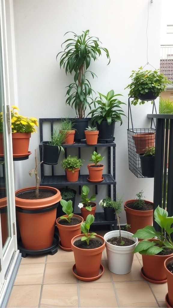 A balcony garden with various potted plants arranged on shelves and the floor.