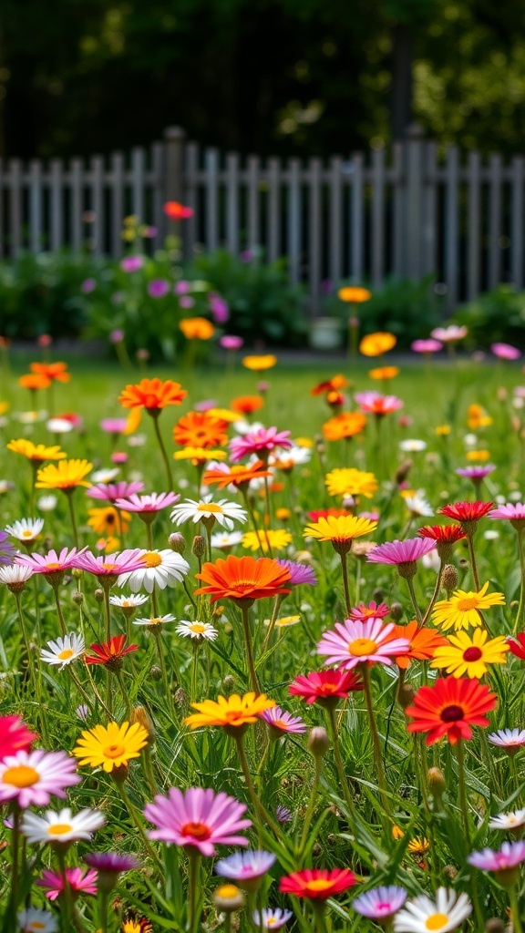 A vibrant wildflower meadow filled with colorful flowers like daisies and zinnias, set against a wooden fence.