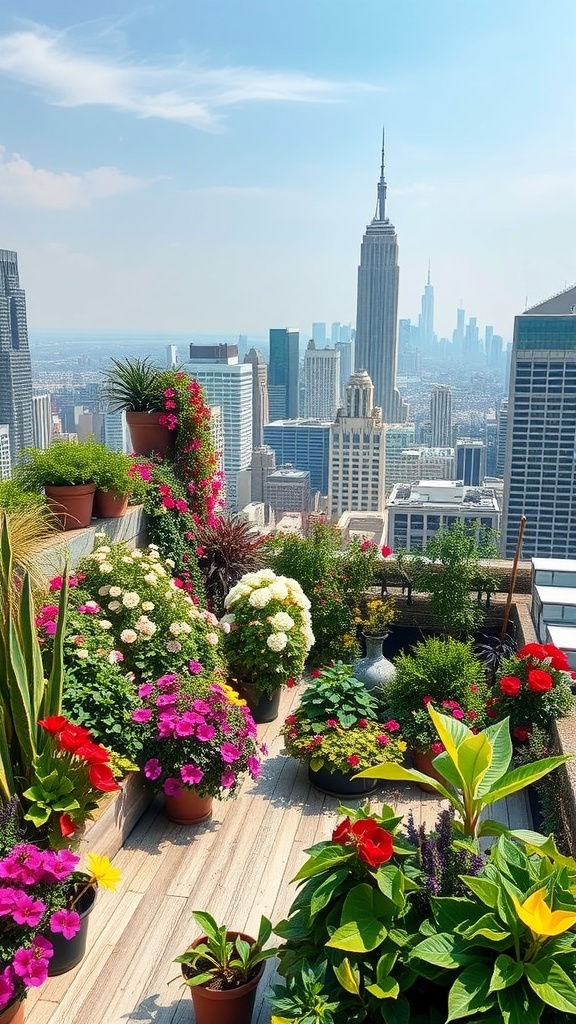 A vibrant rooftop garden filled with colorful flowers and plants, overlooking a city skyline.