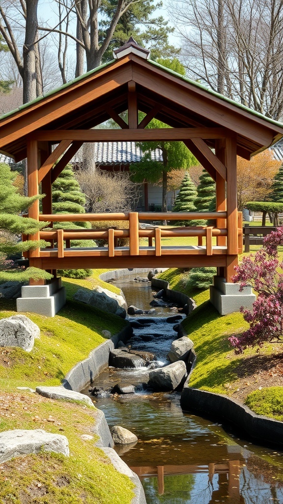 A wooden garden bridge over a stream in a Japanese garden, surrounded by greenery and rocks.