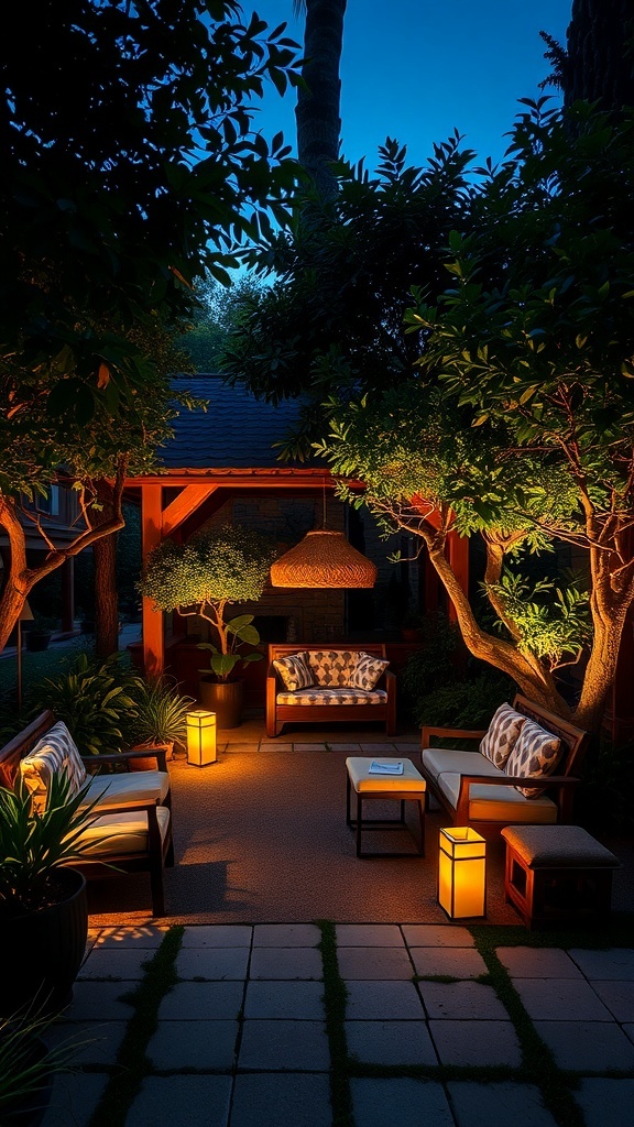 A cozy garden seating area illuminated by warm ambient lighting.