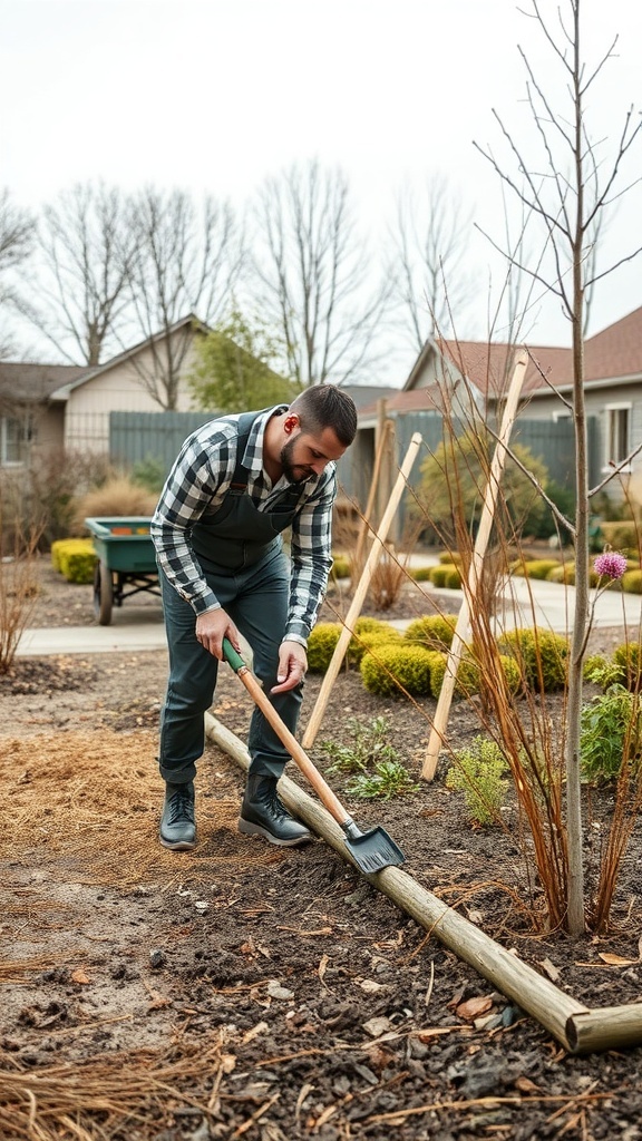 A person tending to a dry garden with a shovel, preparing the soil for planting.