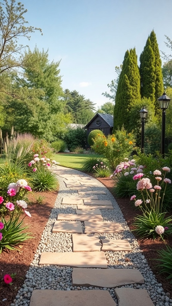 A beautiful garden pathway made of stone slabs surrounded by colorful flowers and greenery.