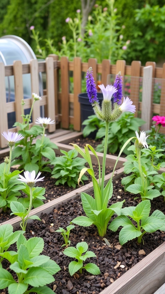 A raised bed garden with a planting schedule displayed, showing various crops and their planting dates.