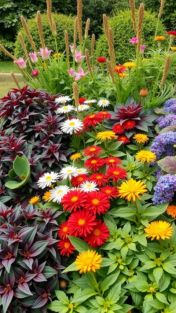 A colorful perennial garden featuring a mix of red, yellow, and white flowers with dark foliage and tall spikes.